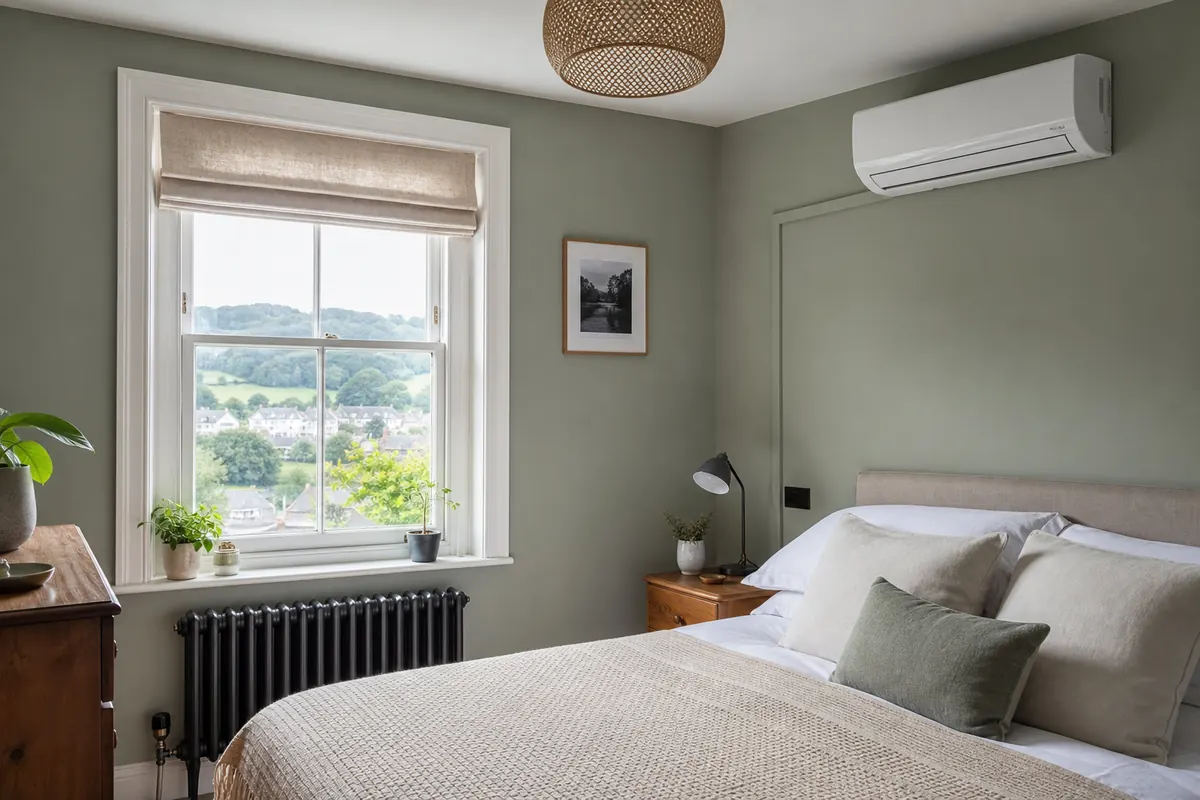 Wall-mounted air conditioning unit in a home bedroom