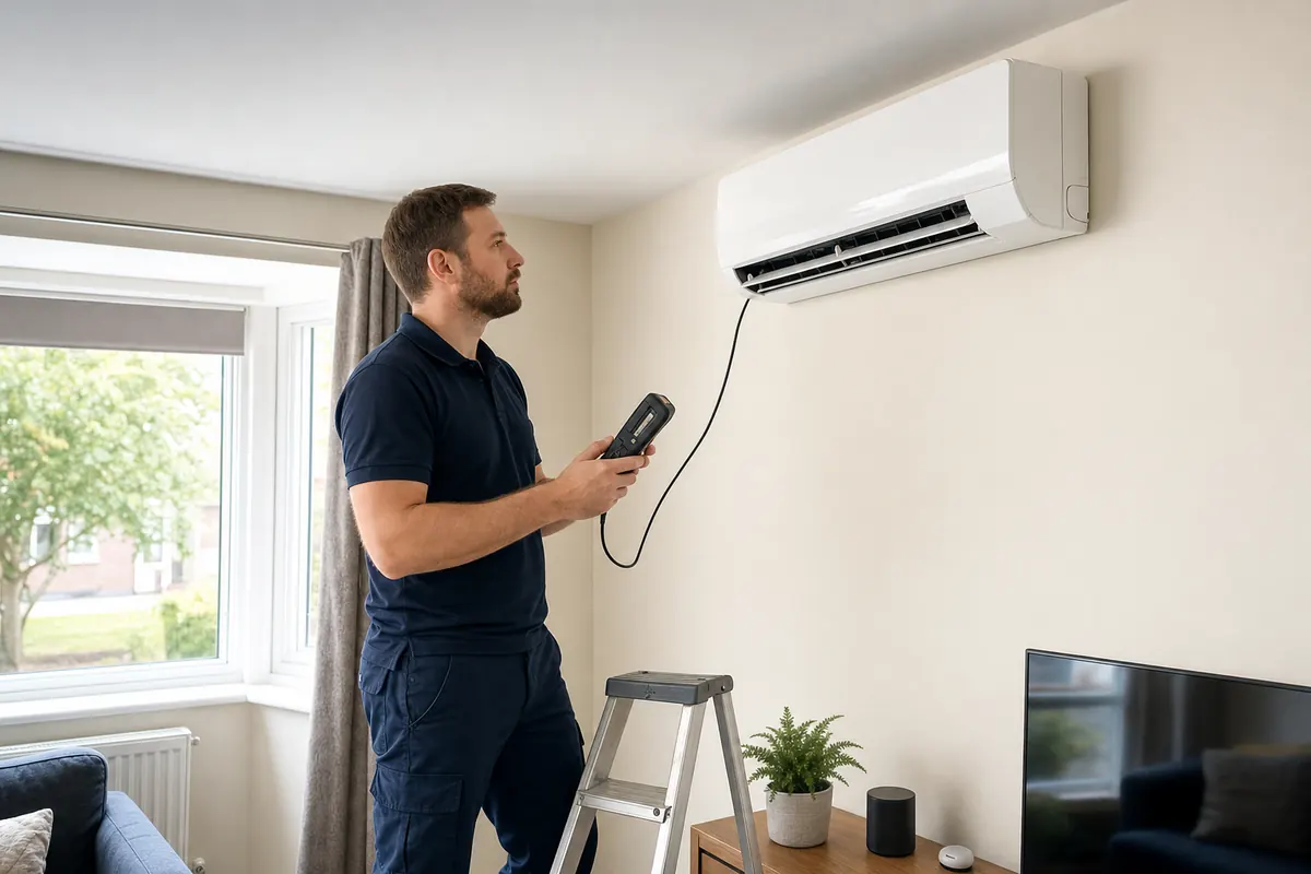 Engineer commissioning a wall-mounted air conditioning unit