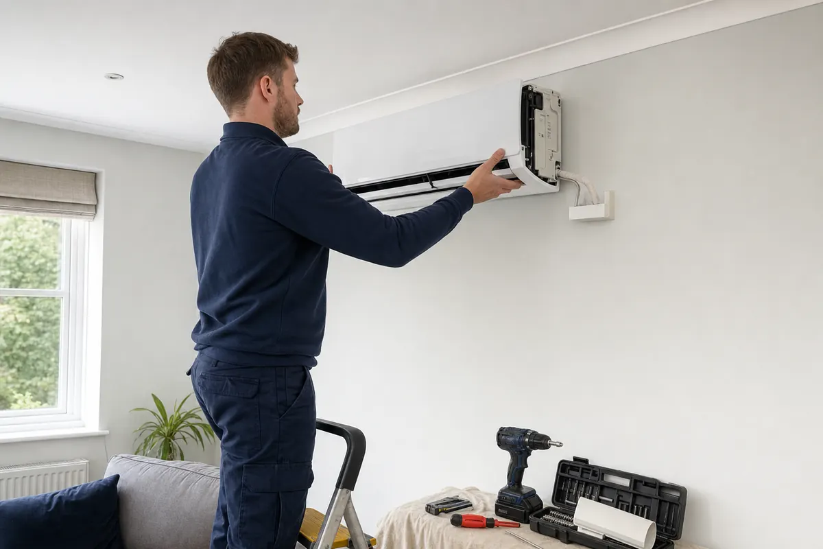 Engineer assessing a wall-mounted air conditioning unit