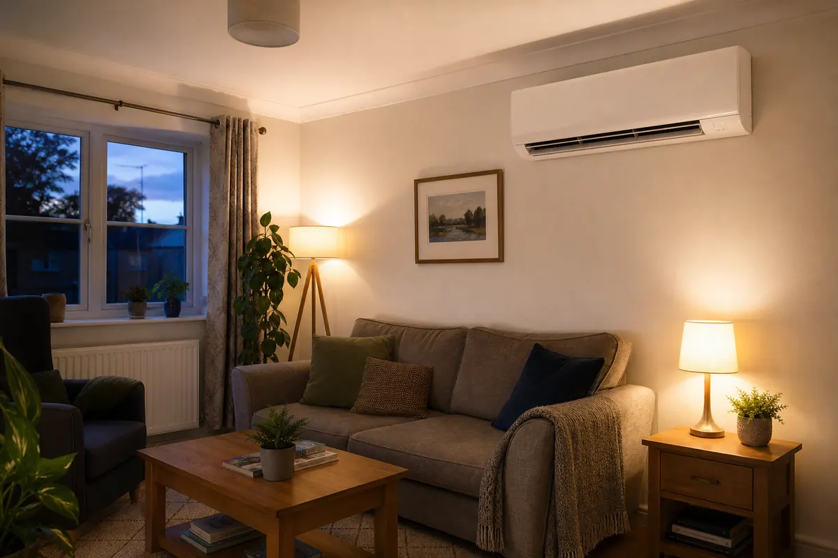 Wall-mounted air conditioning unit in a warmly lit living room