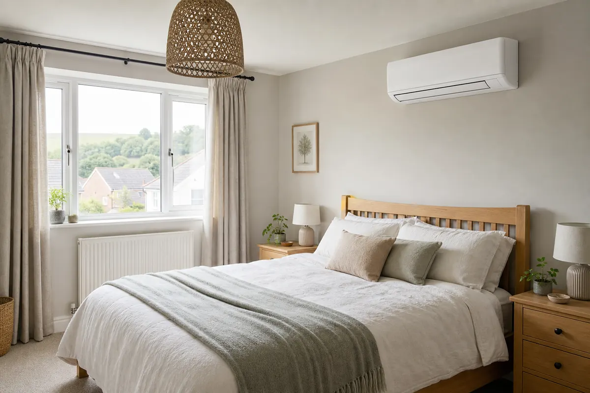 Wall-mounted air conditioning unit in a North Devon bedroom Wall-mounted air conditioning unit in a North Devon bedroom