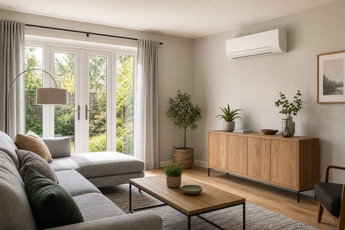 Wall-mounted air conditioning unit above a living-room sideboard