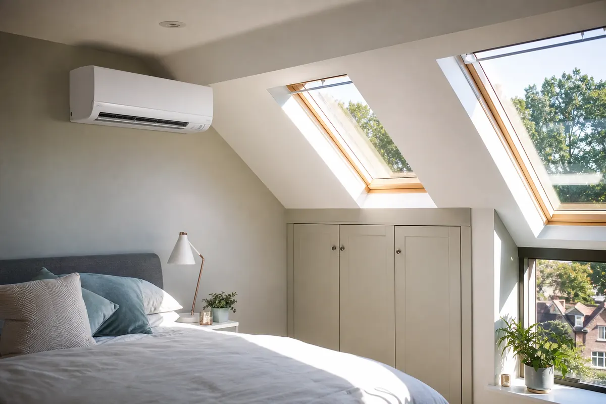 Wall-mounted air conditioning unit in a sunlit loft bedroom Wall-mounted air conditioning unit in a sunlit loft bedroom