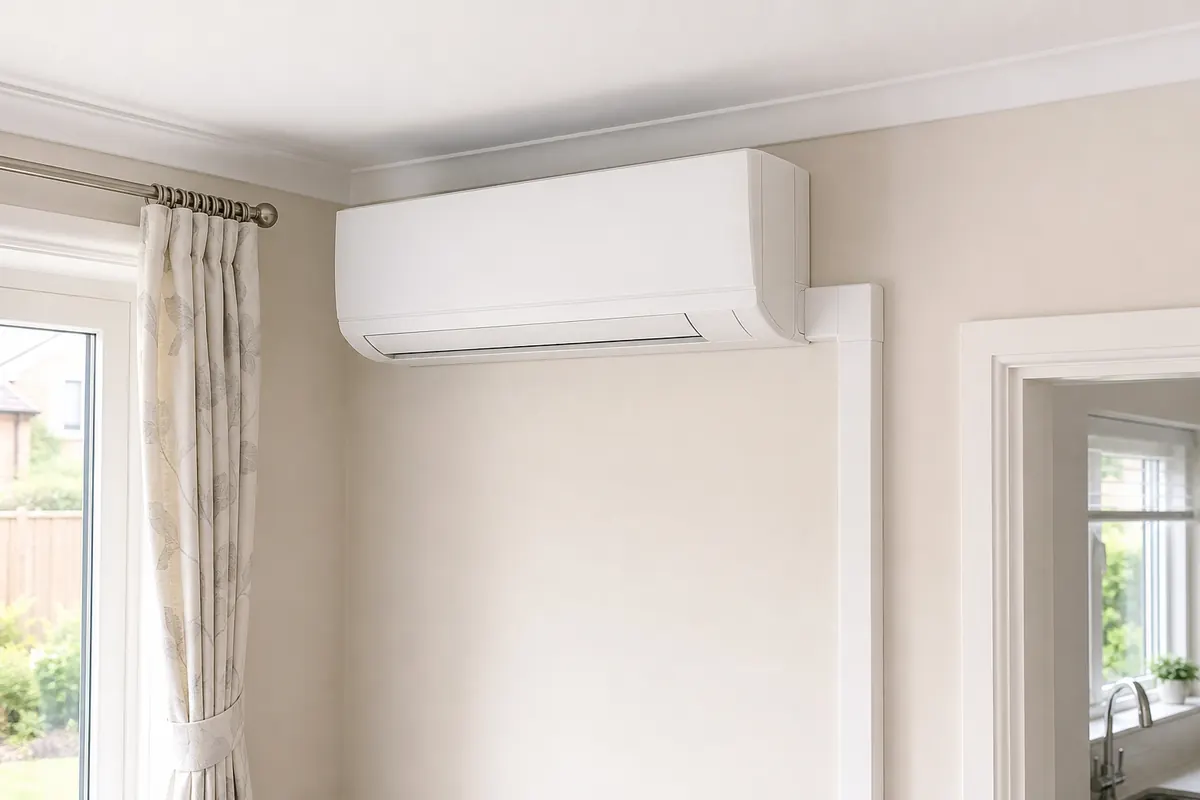 Close view of a wall-mounted air conditioning unit and tidy trunking