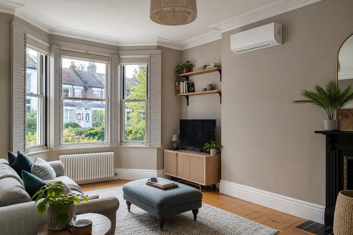 Wall-mounted air conditioning unit in a living room