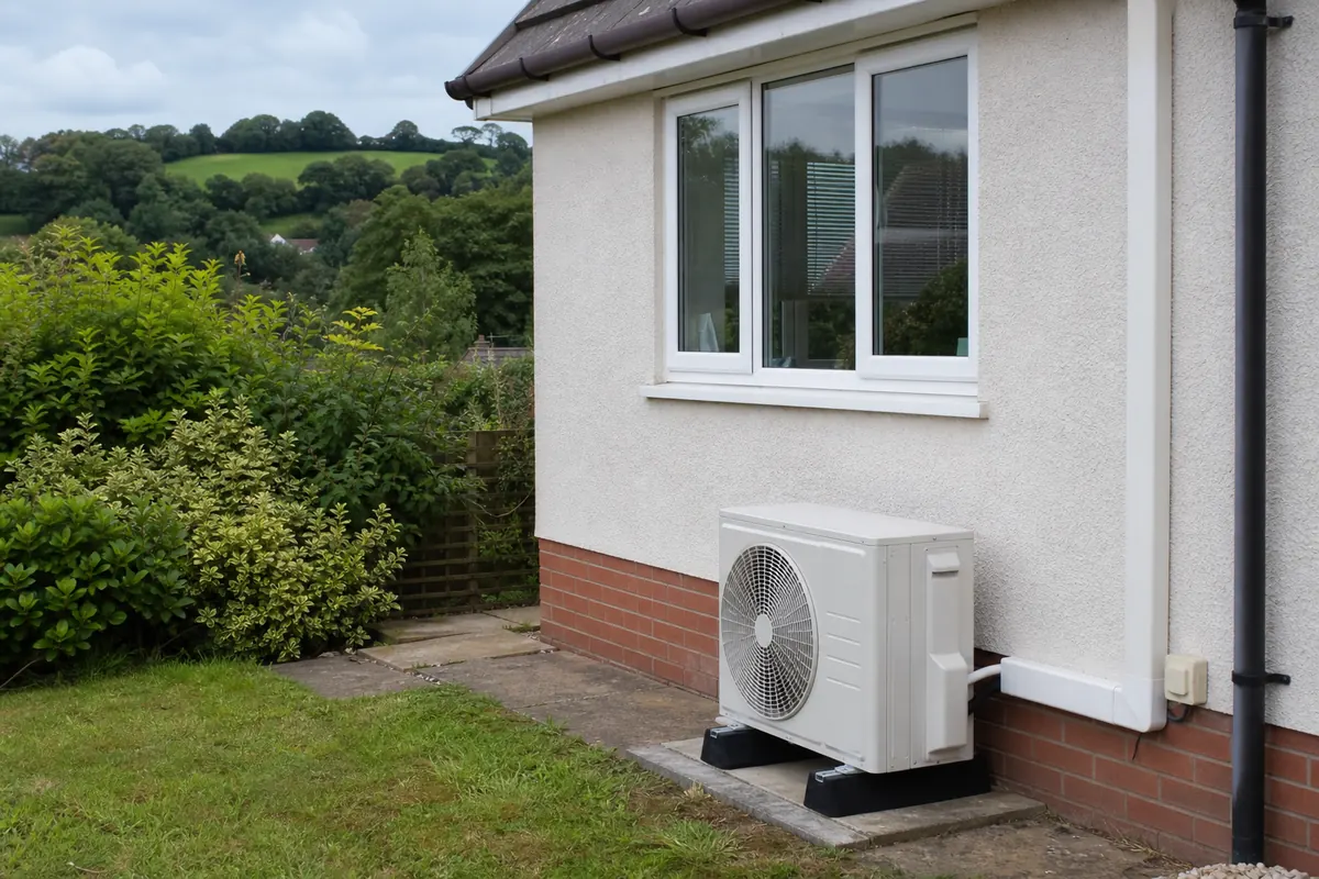 Outdoor air conditioning condenser beside a North Devon home