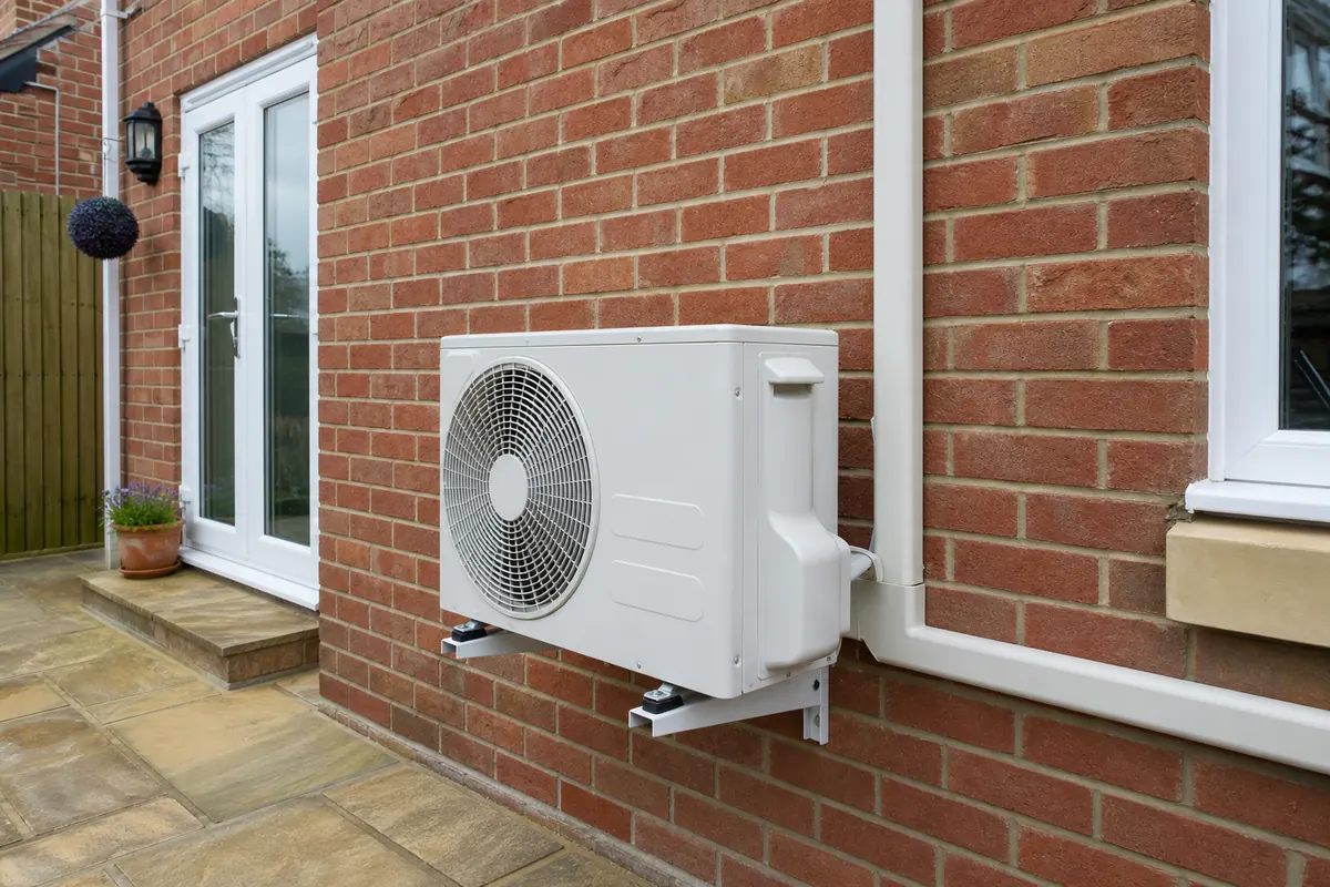 Outdoor air conditioning condenser on wall brackets beside a patio