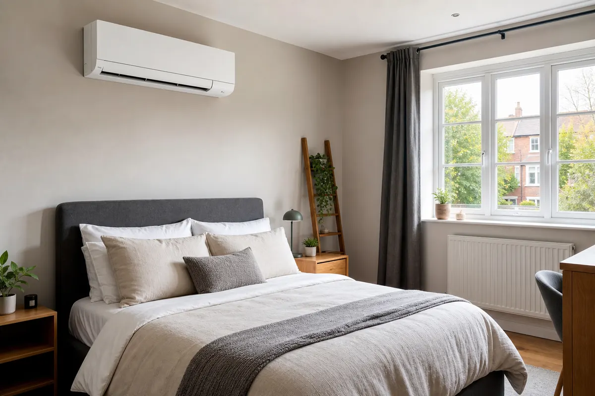 Wall-mounted air conditioning unit in a bright bedroom