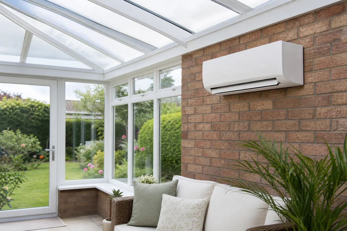 Wall-mounted air conditioning unit in a conservatory Wall-mounted air conditioning unit in a conservatory