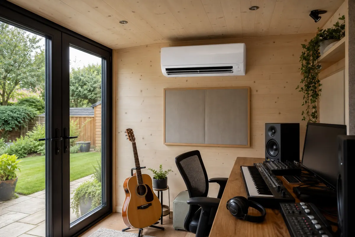 Wall-mounted air conditioning unit in a timber garden room