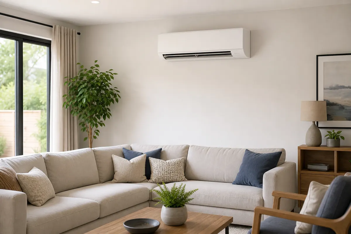 Wall-mounted air conditioning unit in a modern living room Wall-mounted air conditioning unit in a modern living room