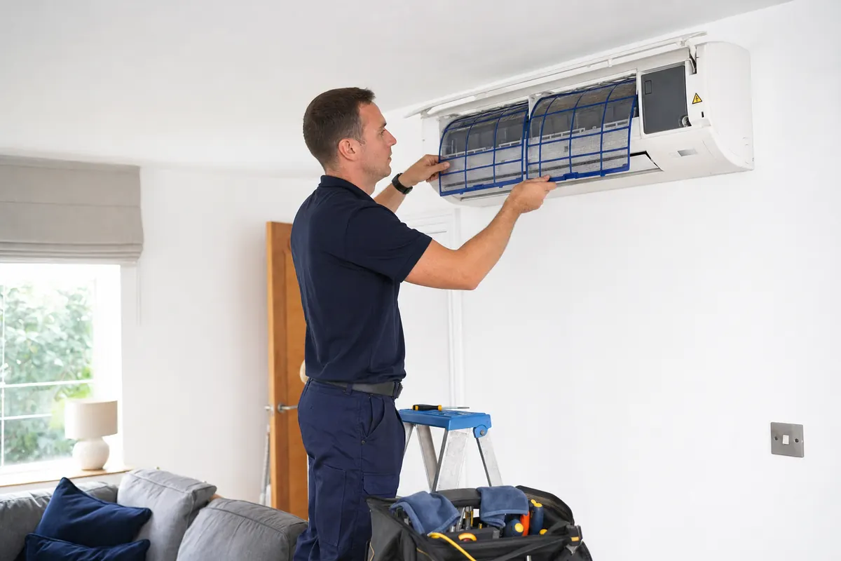 Engineer servicing a wall-mounted air conditioning unit